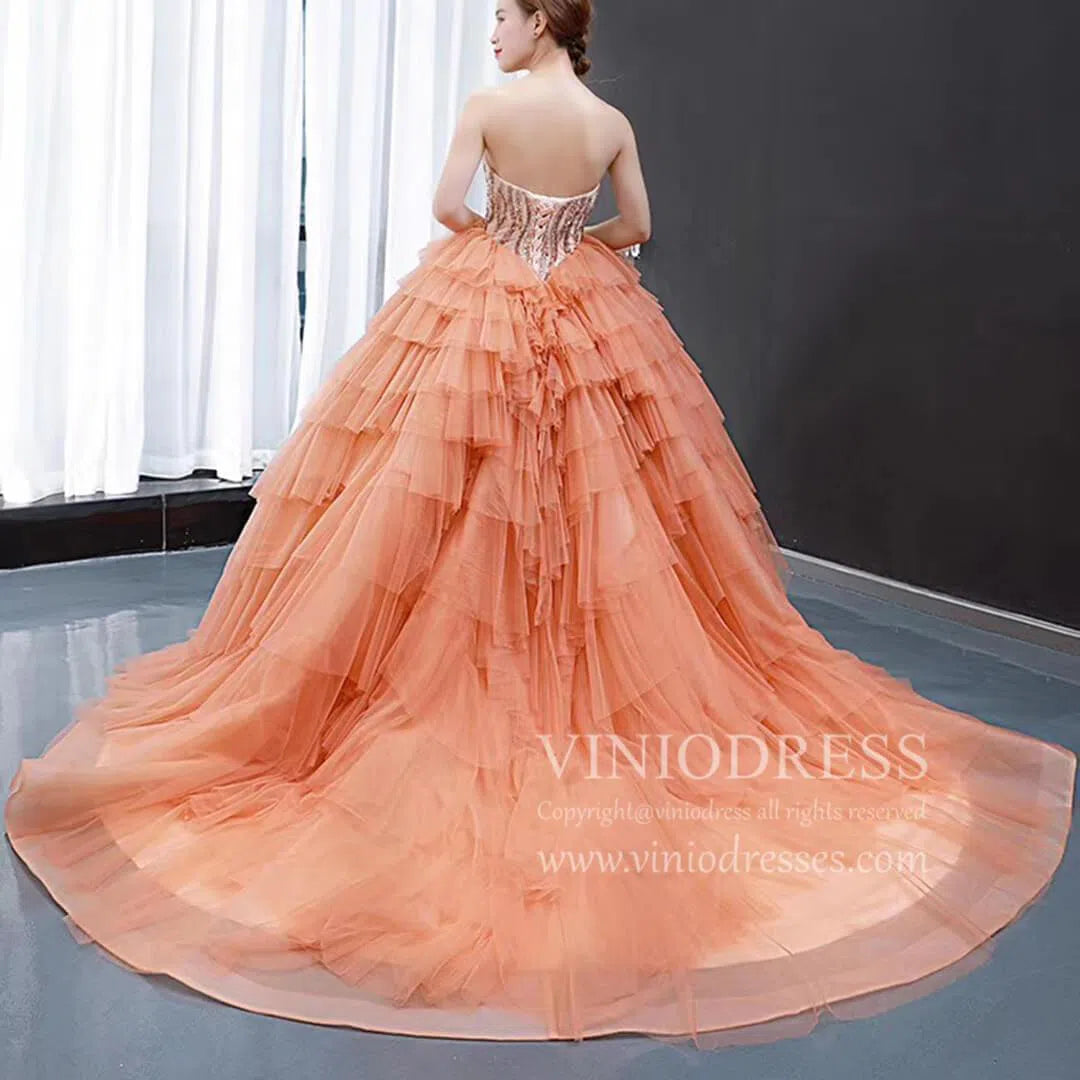 Prom Dress 2025 Sparkly Beaded Peach Sweet 15 Dresses Tiered Skirt Quinceanera Dress viniodress-unique Quinceanera Dresses-Peach-Custom Size-Viniodress