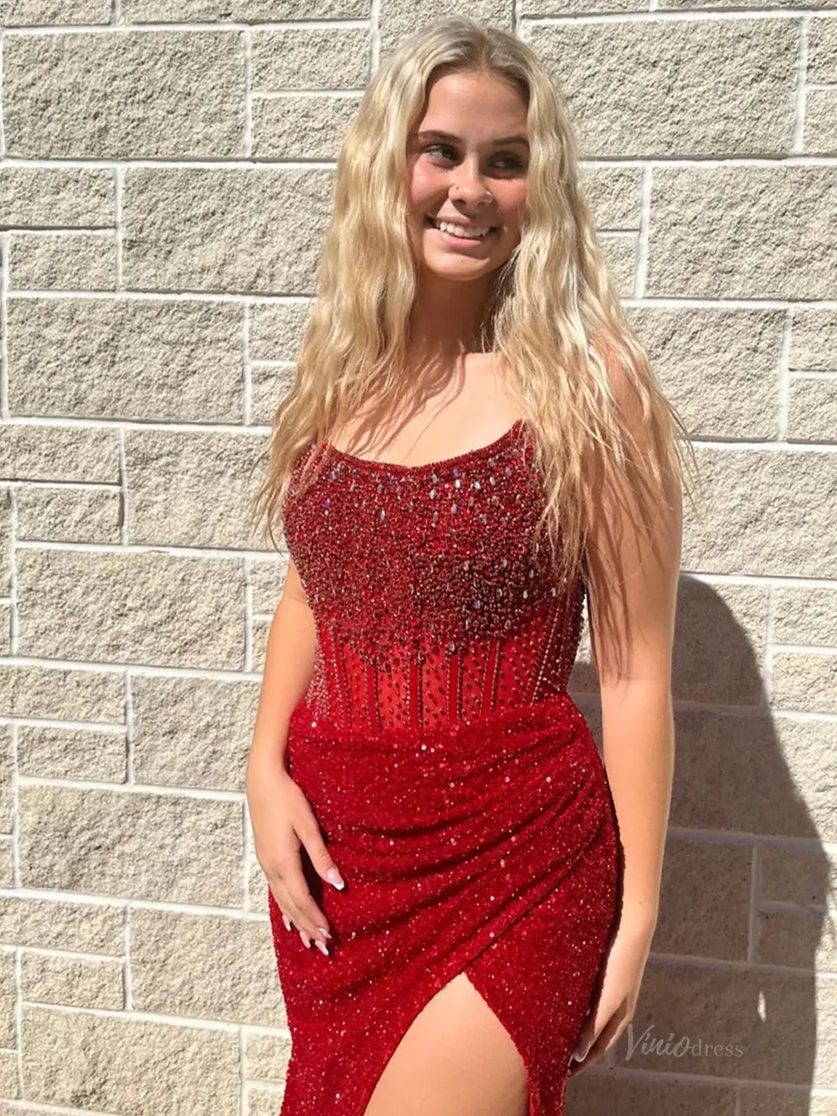 Sparkly Beaded Sequin Mermaid Prom Dress 2025 with Slit – FD5025-prom dresses 2025 -Viniodress-Champagne-Custom Size-