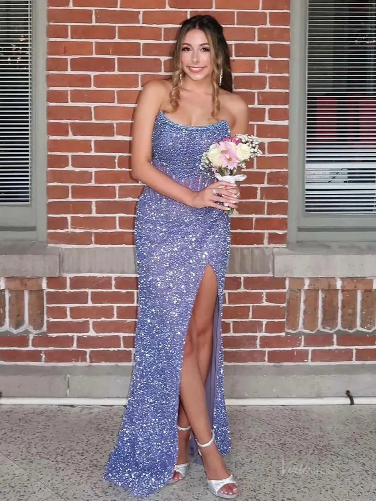 Sparkly Beaded Sequin Mermaid Prom Dress 2025 with Slit – FD5025-prom dresses 2025 -Viniodress-Lavender-Custom Size-
