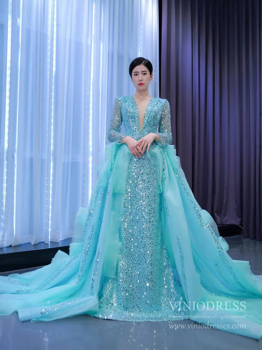 Sparkly Beaded Turquoise Prom Dresses with Detachable Overskirt 67325 viniodress-prom dresses 2025 -Viniodress-Turquoise-Custom Size-