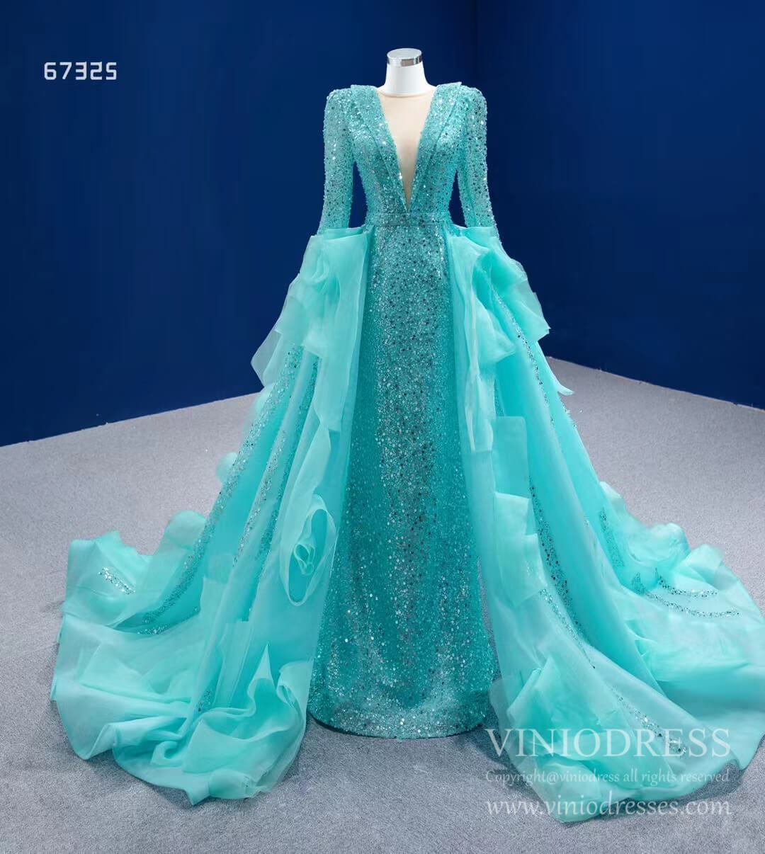 Sparkly Beaded Turquoise Prom Dresses with Detachable Overskirt 67325 viniodress-prom dresses 2025 -Viniodress-Turquoise-Custom Size-