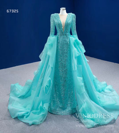 Sparkly Beaded Turquoise Prom Dresses with Detachable Overskirt 67325 viniodress-prom dresses 2025 -Viniodress-Turquoise-Custom Size-
