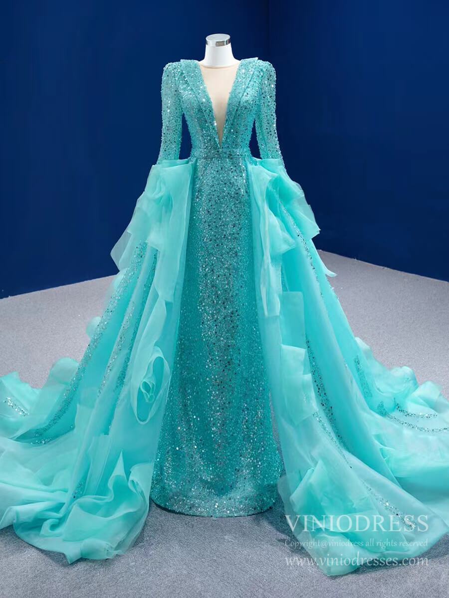 Sparkly Beaded Turquoise Prom Dresses with Detachable Overskirt 67325 viniodress-prom dresses 2025 -Viniodress-Turquoise-Custom Size-