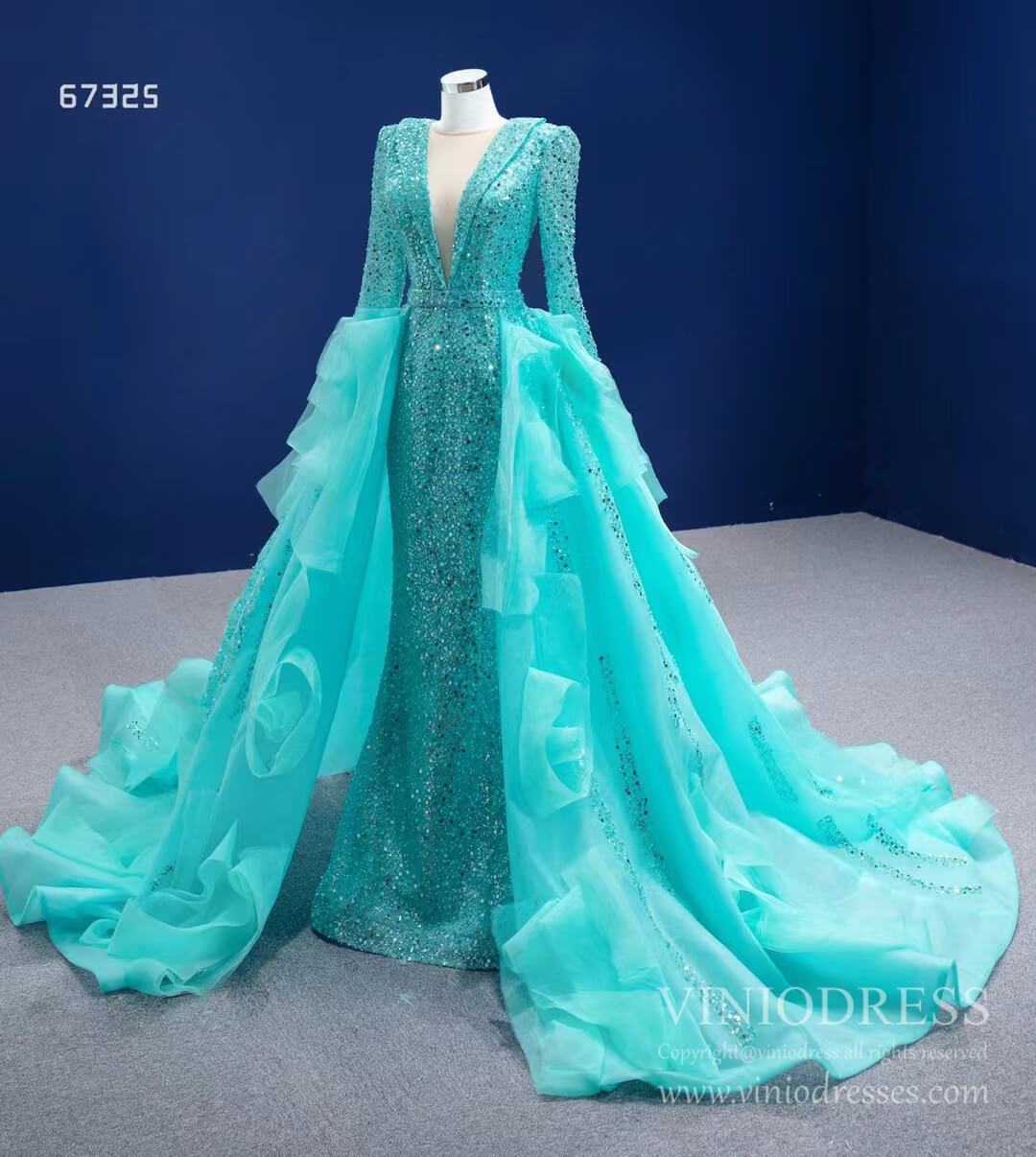 Prom Dress 2025 Sparkly Beaded Turquoise Prom Dresses with Detachable Overskirt 67325 viniodress-unique prom dresses-Turquoise-Custom Size-Viniodress