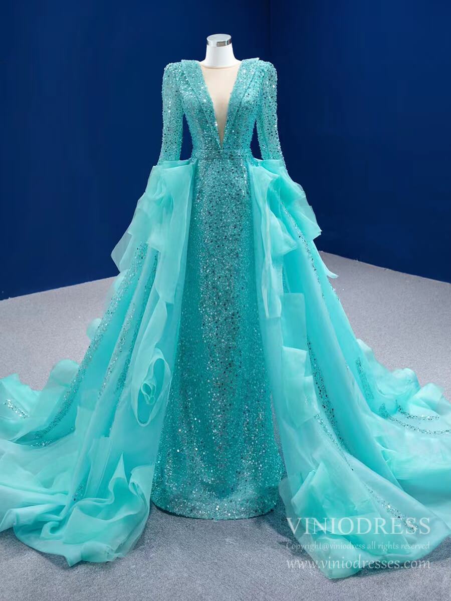 Prom Dress 2025 Sparkly Beaded Turquoise Prom Dresses with Detachable Overskirt 67325 viniodress-unique prom dresses-Turquoise-Custom Size-Viniodress