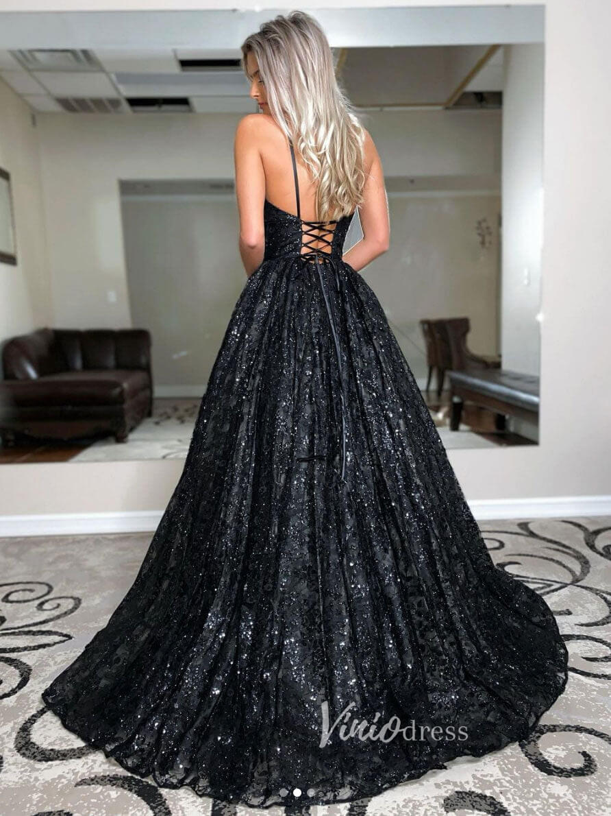 Sparkly Black Lace Prom Dresses Spaghetti Strap V-Neck Evening Dress F Viniodress Sparkly Black Lace Prom Dresses Spaghetti Strap V-Neck Evening Dress F Viniodress
