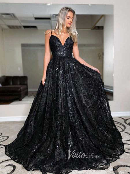 Sparkly Black Lace Prom Dresses Spaghetti Strap V-Neck Evening Dress F Viniodress Sparkly Black Lace Prom Dresses Spaghetti Strap V-Neck Evening Dress F Viniodress