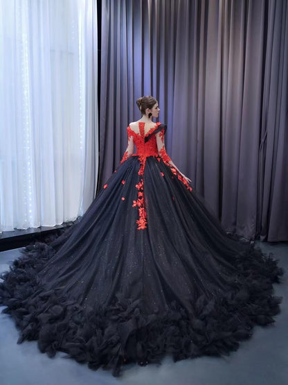 Sparkly Black Ruffle Ball Gown Wedding Dresses Red Lace Appliqued Quince Dress 231103-Quinceanera Dresses 2025 -Viniodress-Black-Custom Size-