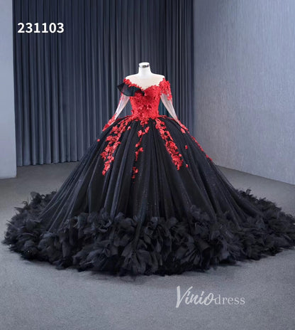 Sparkly Black Ruffle Ball Gown Wedding Dresses Red Lace Appliqued Quince Dress 231103-Quinceanera Dresses 2025 -Viniodress-Black-Custom Size-