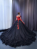 Sparkly Black Ruffle Ball Gown Wedding Dresses Red Lace Appliqued Quince Dress 231103-Quinceanera Dresses-Viniodress-Viniodress