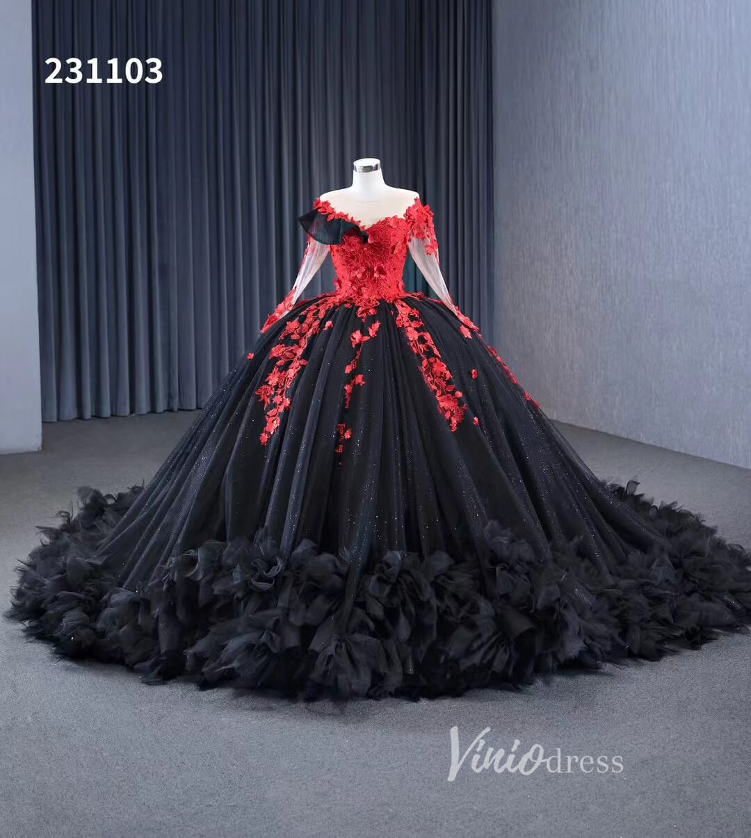 Sparkly Black Ruffle Ball Gown Wedding Dresses Red Lace Appliqued Quince Dress 231103 - ViniodressQuinceanera DressesBlackCustom Size - Formal Dresses - Ball Gowns