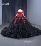 Sparkly Black Ruffle Ball Gown Wedding Dresses Red Lace Appliqued Quince Dress 231103-Quinceanera Dresses-Viniodress-Viniodress