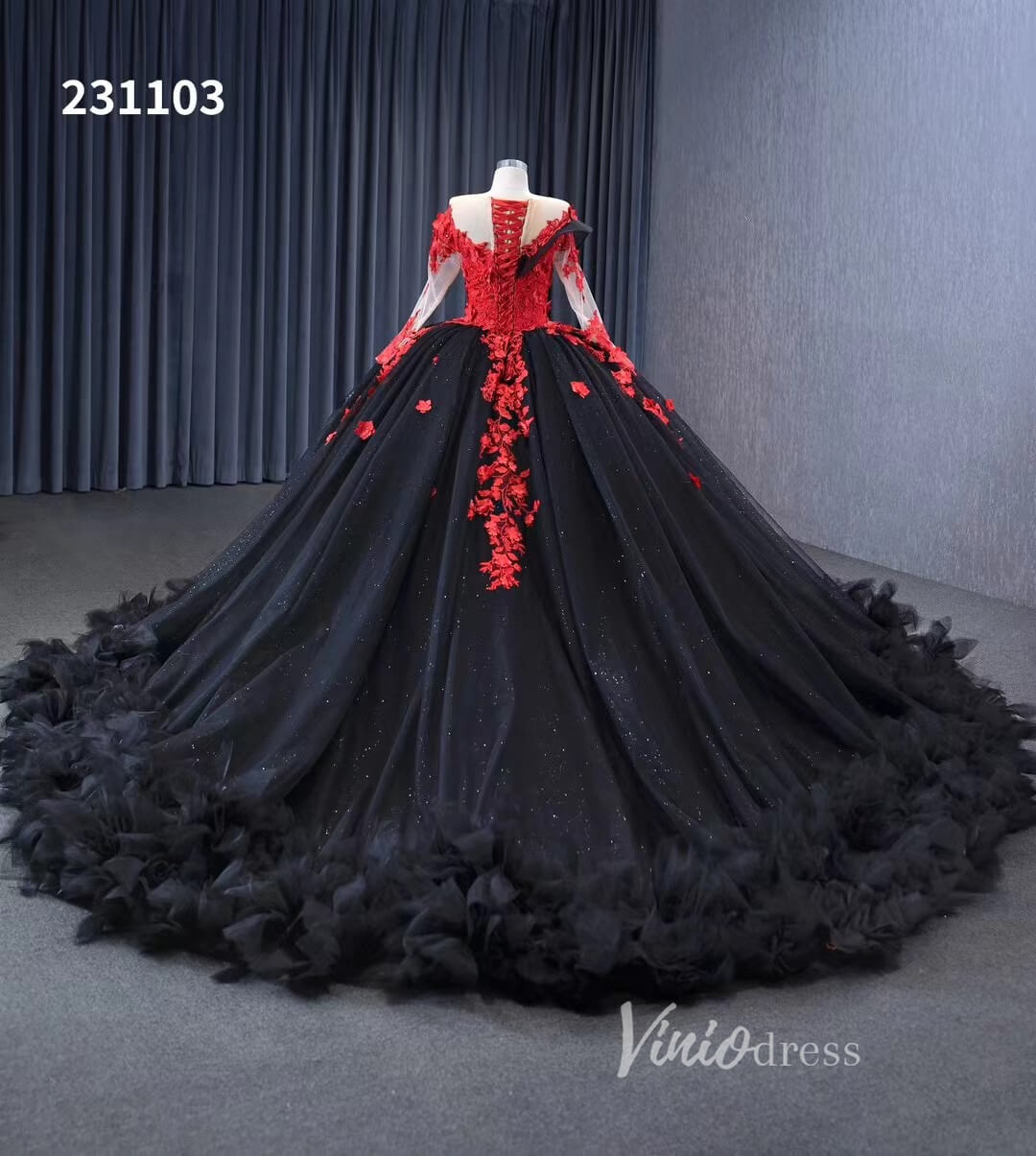 Sparkly Black Ruffle Ball Gown Wedding Dresses Red Lace Appliqued Quince Dress 231103 - ViniodressQuinceanera DressesBlackCustom Size - Formal Dresses - Ball Gowns