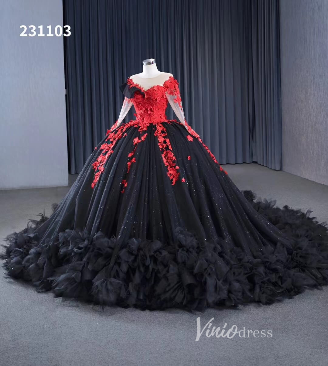 Sparkly Black Ruffle Ball Gown Wedding Dresses Red Lace Appliqued Quince Dress 231103 - ViniodressQuinceanera DressesBlackCustom Size - Formal Dresses - Ball Gowns