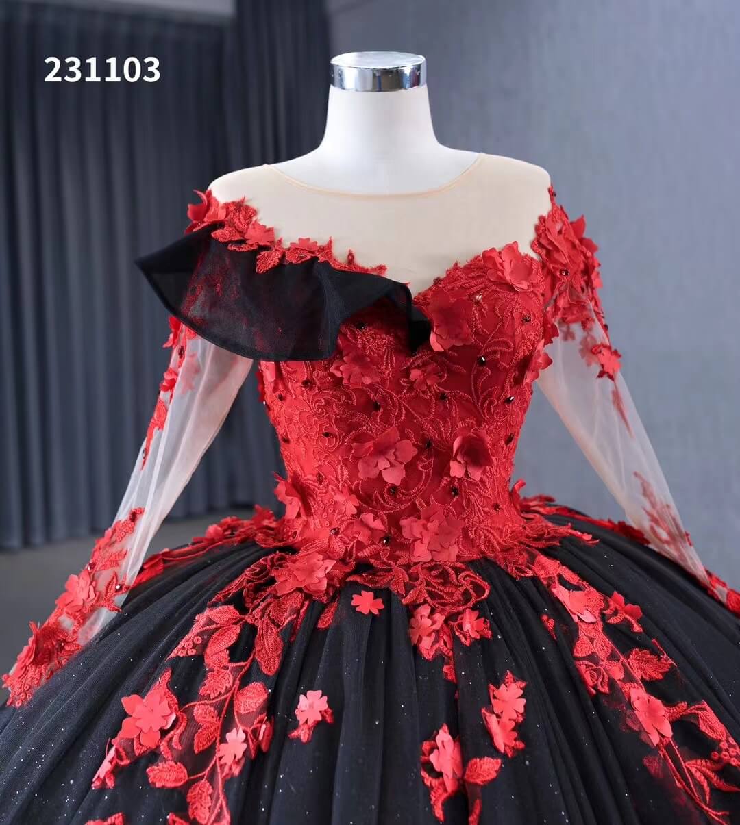 Sparkly Black Ruffle Ball Gown Wedding Dresses Red Lace Appliqued Quince Dress 231103 - ViniodressQuinceanera DressesBlackCustom Size - Formal Dresses - Ball Gowns