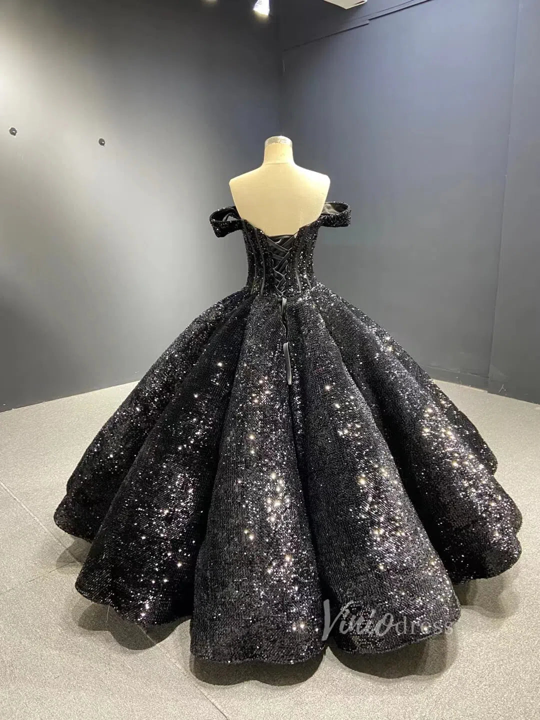 Sparkly Black Sequin Ball Gown Wedding Dress Sweet 16 Dresses 66567 vi –  Viniodress