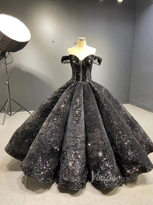Sparkly Black Sequin Ball Gown Wedding Dress Sweet 16 Dresses 66567 viniodress-prom dresses 2025 -Viniodress-Black-Custom Size-