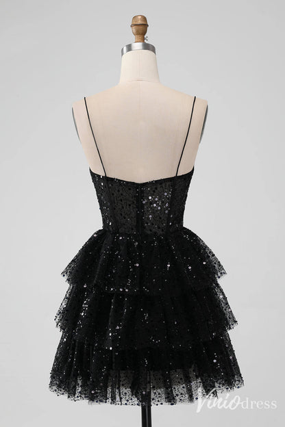Sparkly Black Sequin Tiered Homecoming Dresses Spaghetti Strap Back to School Dress S24014-prom dresses 2025 -Viniodress-Black-Custom Size-