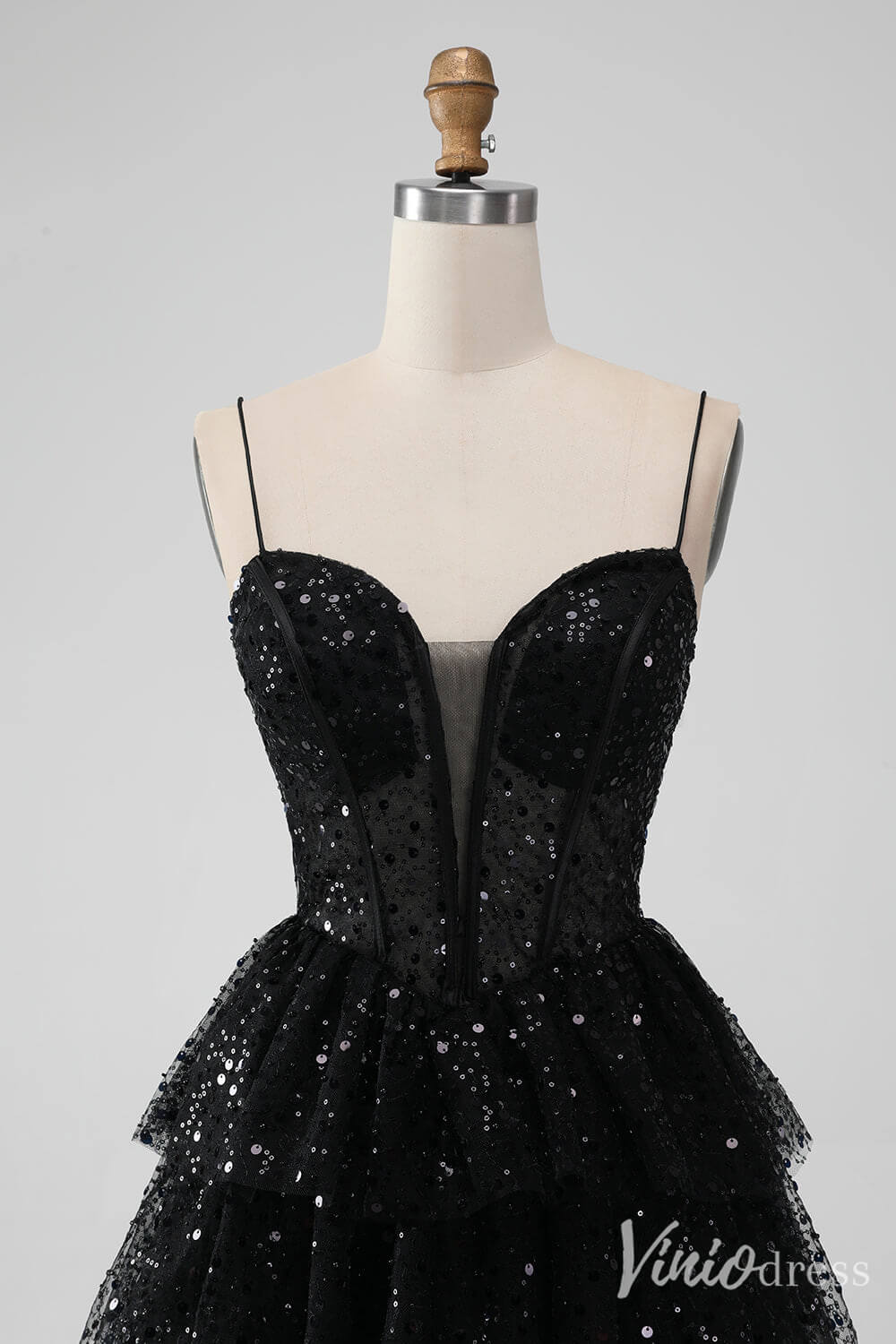 Sparkly Black Sequin Tiered Homecoming Dresses Spaghetti Strap Back to School Dress S24014-prom dresses 2025 -Viniodress-Black-Custom Size-