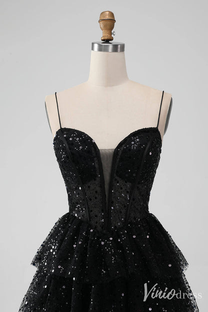 Sparkly Black Sequin Tiered Homecoming Dresses Spaghetti Strap Back to School Dress S24014-prom dresses 2025 -Viniodress-Black-Custom Size-