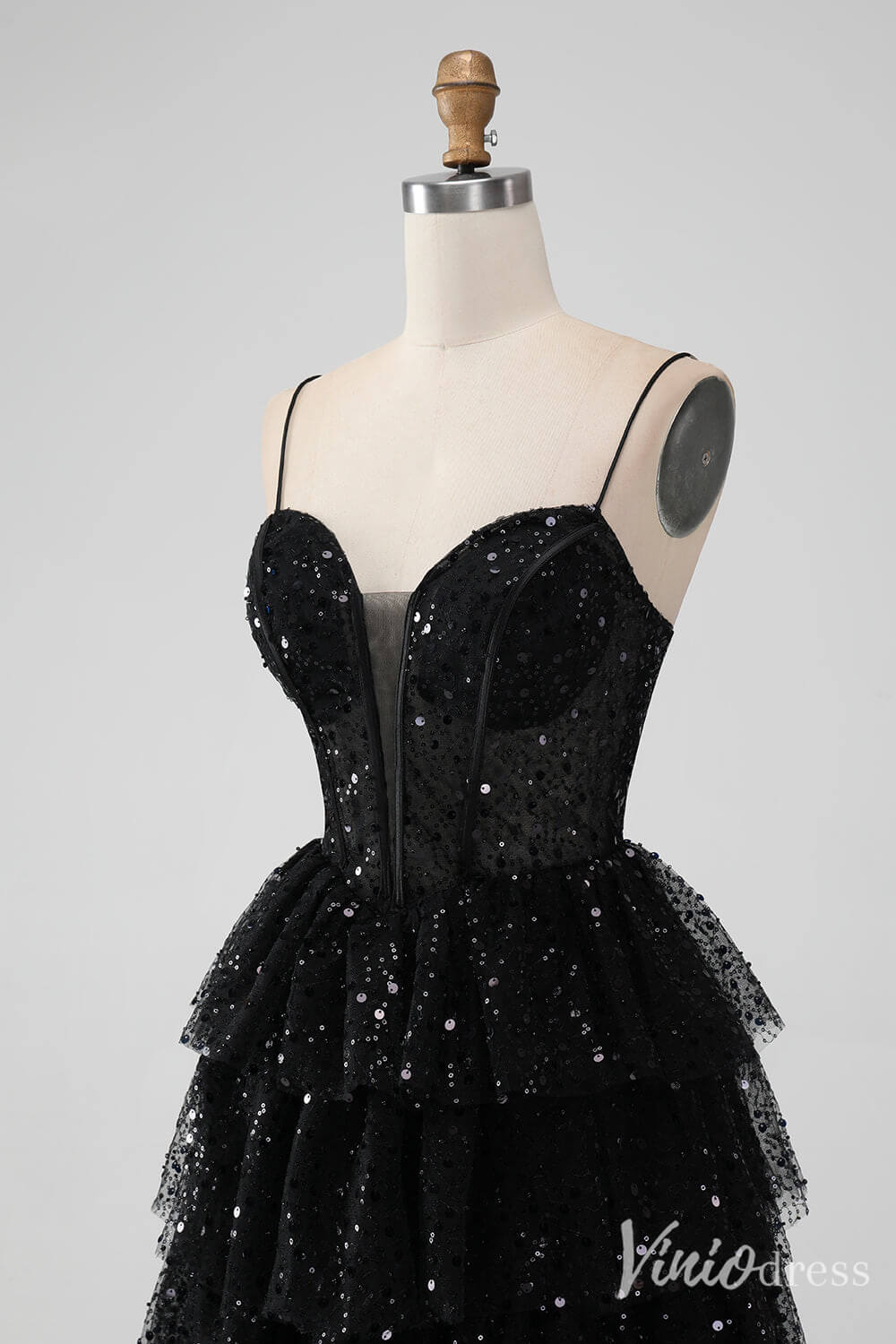Sparkly Black Sequin Tiered Homecoming Dresses Spaghetti Strap Back to School Dress S24014-prom dresses 2025 -Viniodress-Black-Custom Size-