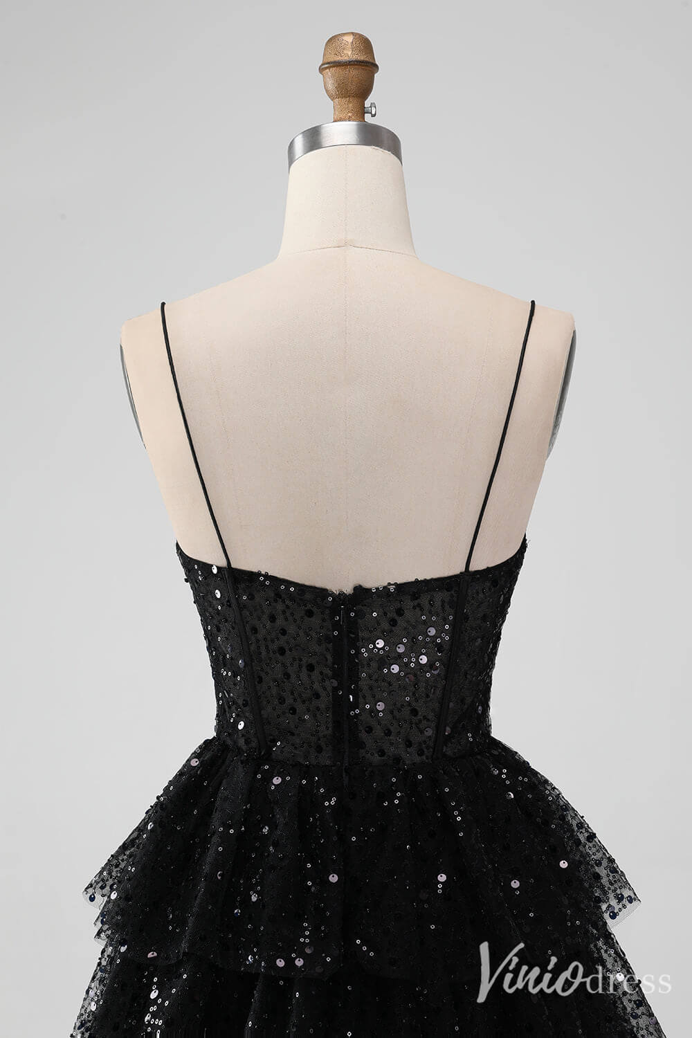 Sparkly Black Sequin Tiered Homecoming Dresses Spaghetti Strap Back to School Dress S24014-prom dresses 2025 -Viniodress-Black-Custom Size-