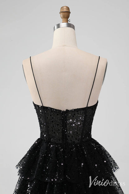 Sparkly Black Sequin Tiered Homecoming Dresses Spaghetti Strap Back to School Dress S24014-prom dresses 2025 -Viniodress-Black-Custom Size-