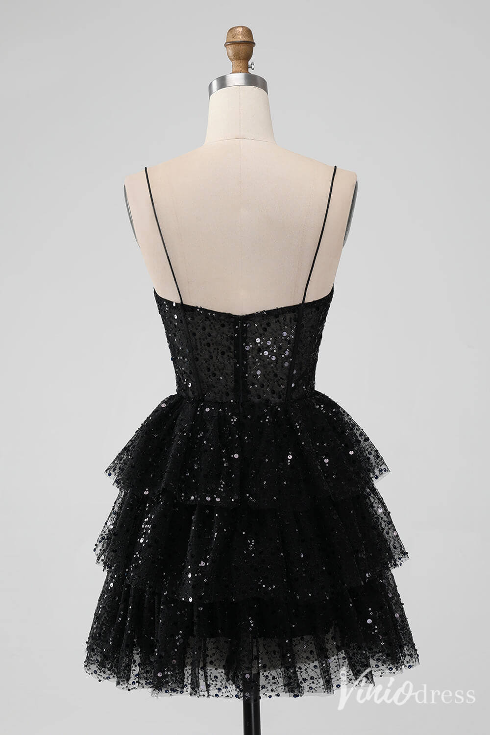 Sparkly Black Sequin Tiered Homecoming Dresses Spaghetti Strap Back to School Dress S24014 - Viniodressprom dressesBlackCustom Size - Formal Dresses - Ball Gowns