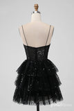 Sparkly Black Sequin Tiered Homecoming Dresses Spaghetti Strap Back to School Dress S24014-prom dresses-Viniodress-Viniodress