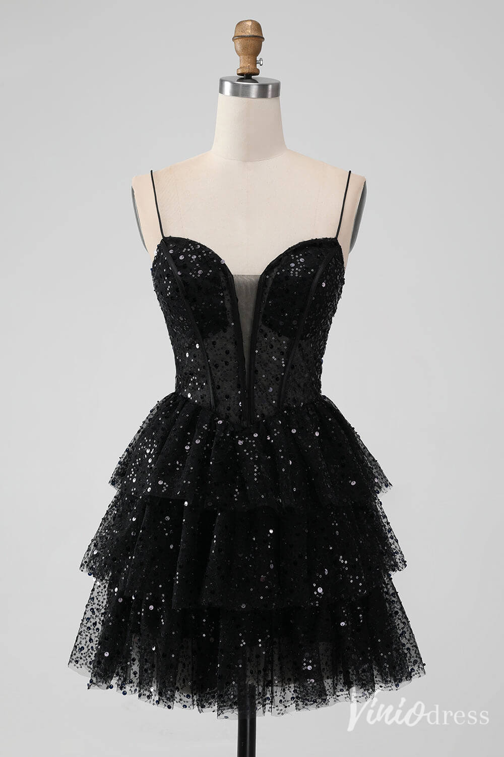 Sparkly Black Sequin Tiered Homecoming Dresses Spaghetti Strap Back to School Dress S24014 - Viniodressprom dressesBlackCustom Size - Formal Dresses - Ball Gowns