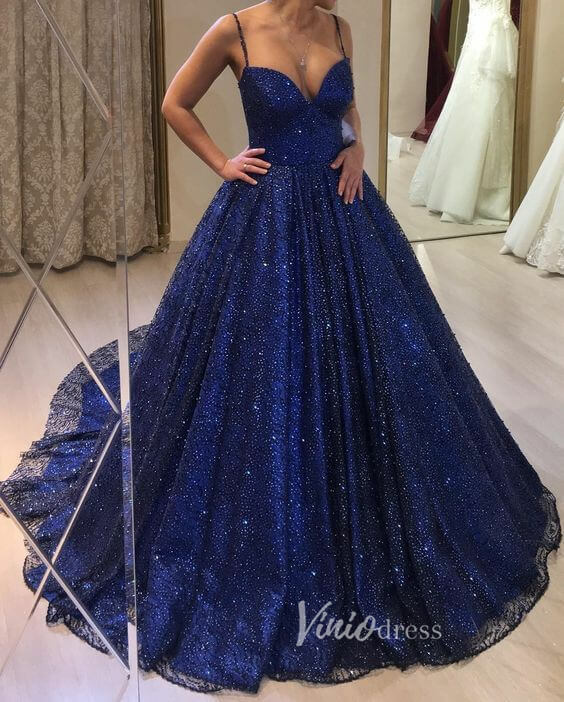 Sparkly Blue Beaded Ball Gown Elegant Prom Dresses FD3516-bridesmaid dresses-Viniodress-Blue-Custom Size-Viniodress