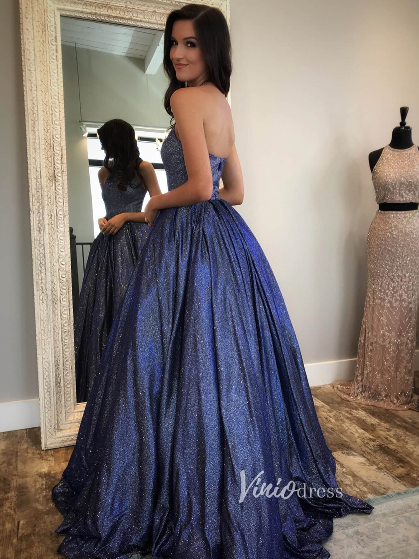 Sparkly Blue Halter Long Prom Dress with Pockets FD2534B-prom dresses 2025 -Viniodress-Blue-Custom Size-