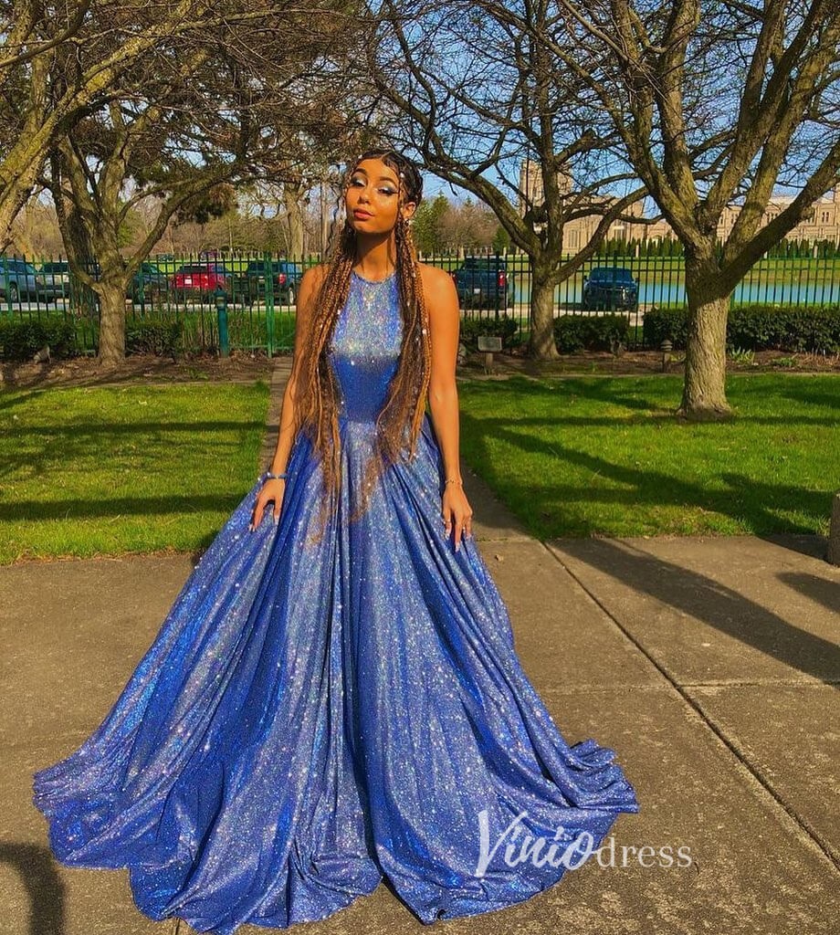Sparkly Blue Halter Long Prom Dress with Pockets FD2534B-prom dresses 2025 -Viniodress-Blue-Custom Size-