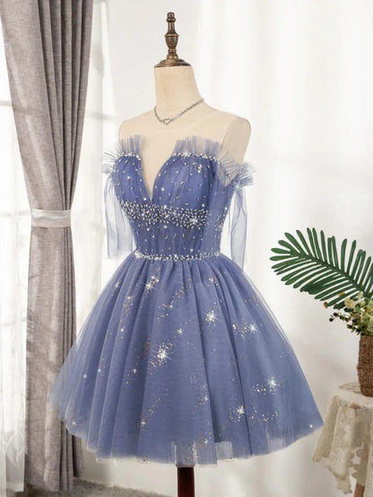 Sparkly Blue Homecoming Dresses 2021 Ruffled Hoco Dress SD1385-Homecoming Dresses 2025 -VINIODRESS-US2-Blue-