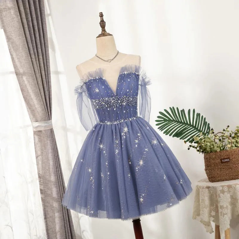 Sparkly Blue Homecoming Dresses 2021 Ruffled Hoco Dress SD1385-Homecoming Dresses 2025 -VINIODRESS-US2-Blue-