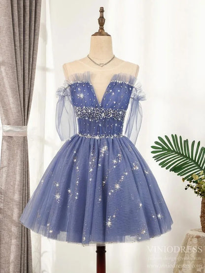 Sparkly Blue Homecoming Dresses 2021 Ruffled Hoco Dress SD1385-Homecoming Dresses 2025 -VINIODRESS-US2-Blue-