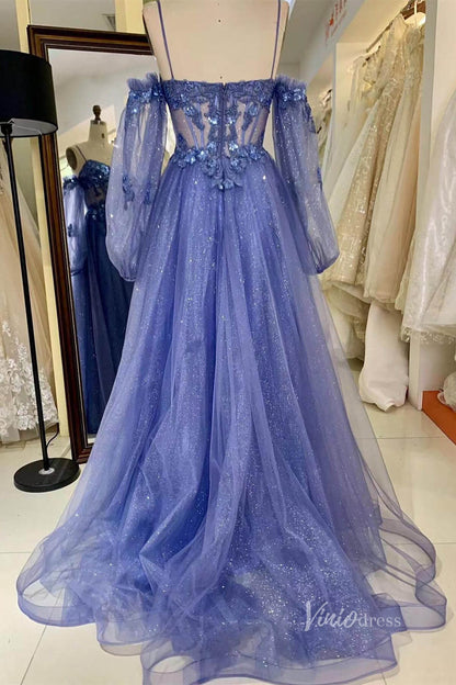 Sparkly Blue Lace Applique Prom Dresses Sheer Boned Bodice Long Sleeve FD3989-prom dresses 2025 -Viniodress-Blue-Custom Size-