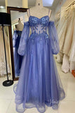 Sparkly Blue Lace Applique Prom Dresses Sheer Boned Bodice Long Sleeve FD3989