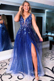 Sparkly Blue Prom Dresses 2024 High Slit Backless V-neck Tulle Evening Gowns FD1352