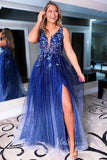 Sparkly Blue Prom Dresses 2024 High Slit Backless V-neck Tulle Evening Gowns FD1352-prom dresses-Viniodress-Blue-Custom Size-Viniodress