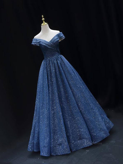 Sparkly Blue Prom Dresses with Corset Back Off the Shoulder Formal Gown SU011-prom dresses 2025 -Viniodress-Blue-Custom Size-
