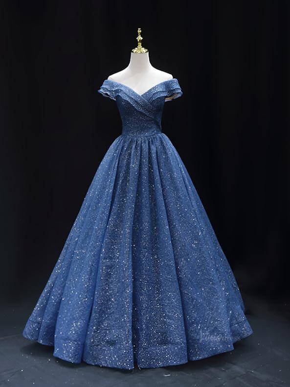 Sparkly Blue Prom Dresses with Corset Back Off the Shoulder Formal Gown SU011-prom dresses 2025 -Viniodress-Blue-Custom Size-