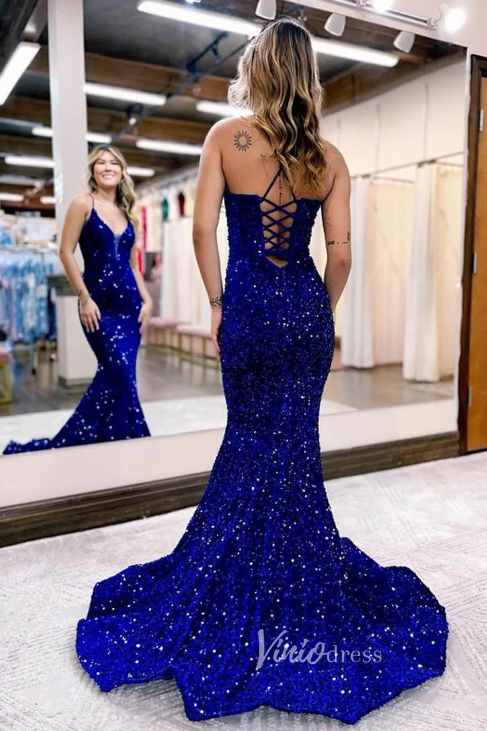 Sparkly Blue Sequin Mermaid Prom Dresses Spaghetti Strap V-neck FD3517-prom dresses 2025 -Viniodress-Blue-Custom Size-