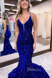 Sparkly Blue Sequin Mermaid Prom Dresses Spaghetti Strap V-neck FD3517-prom dresses-Viniodress-Viniodress