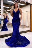 Sparkly Blue Sequin Mermaid Prom Dresses Spaghetti Strap V-neck FD3517