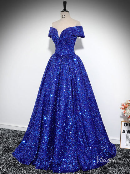 Sparkly Blue Sequin Prom Ball Gown Off the Shoulder Quinceanera Dresses BG027-prom dresses 2025 -Viniodress-Blue-Custom Size-