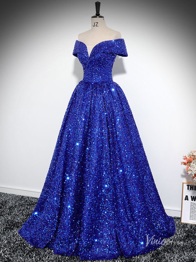 Sparkly Blue Sequin Prom Ball Gown Off the Shoulder Quinceanera Dresses BG027-prom dresses 2025 -Viniodress-Blue-Custom Size-