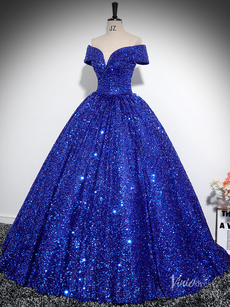 Prom Dress 2025 Sparkly Blue Sequin Prom Ball Gown Off the Shoulder Quinceanera Dresses BG027-unique prom dresses-Blue-Custom Size-Viniodress