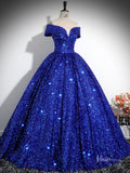 Prom Dress 2025 Sparkly Blue Sequin Prom Ball Gown Off the Shoulder Quinceanera Dresses BG027-unique prom dresses-Blue-Custom Size-Viniodress