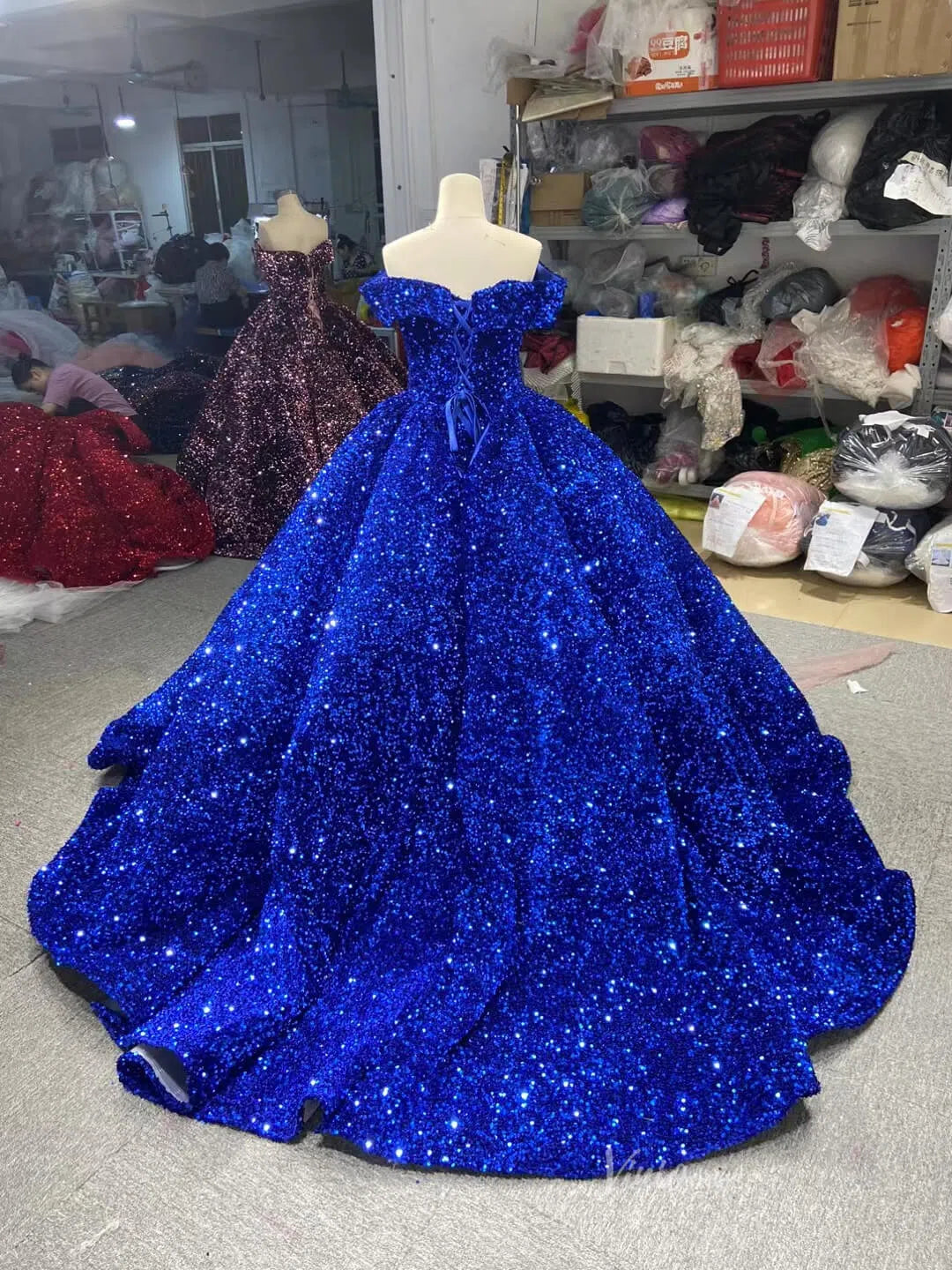 Sparkly Blue Sequin Sweet 16 Dresses Cinderella Ball Gown 66991 Sweep Train-wedding dresses 2025 -Viniodress-Blue-Custom Size-